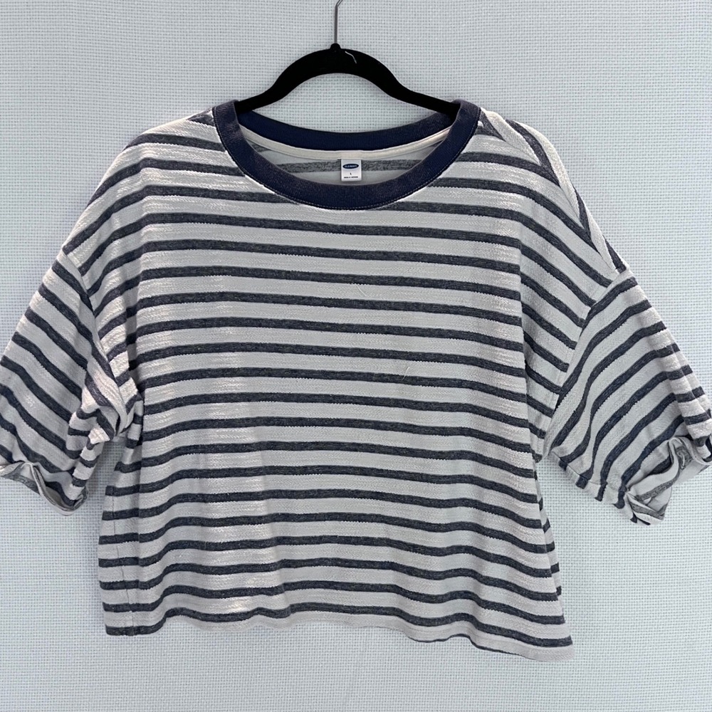 Old Navy Navy White Stripe Textured Knit Cropped Pullover oversized Top Sz Large